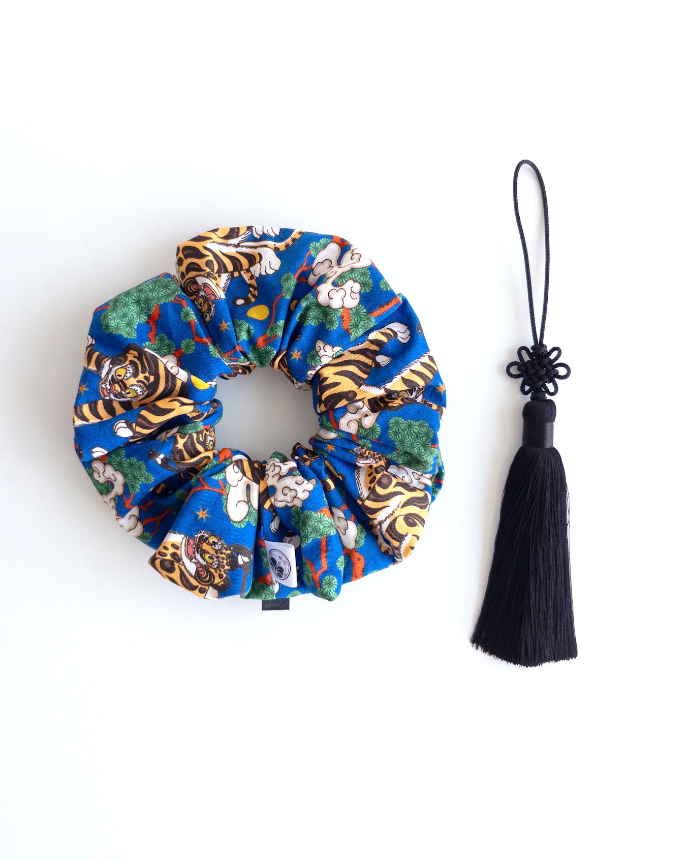 Korean traditional scrunchie in bold blue with Hojakdo folk art motif