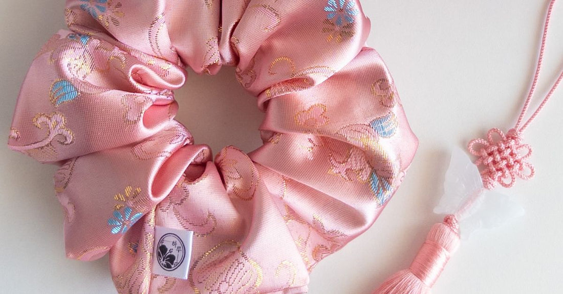 The art of Korean embroidery featured in handmade Hanbok-inspired scrunchies with traditional designs