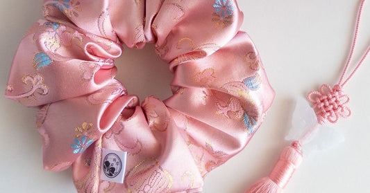 The art of Korean embroidery featured in handmade Hanbok-inspired scrunchies with traditional designs